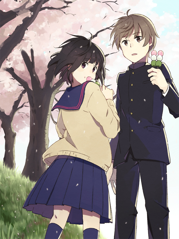 1boy, 1girl, anko_(w-anco), black_hair, bob_cut, brown_eyes, brown_hair, cherry_blossoms