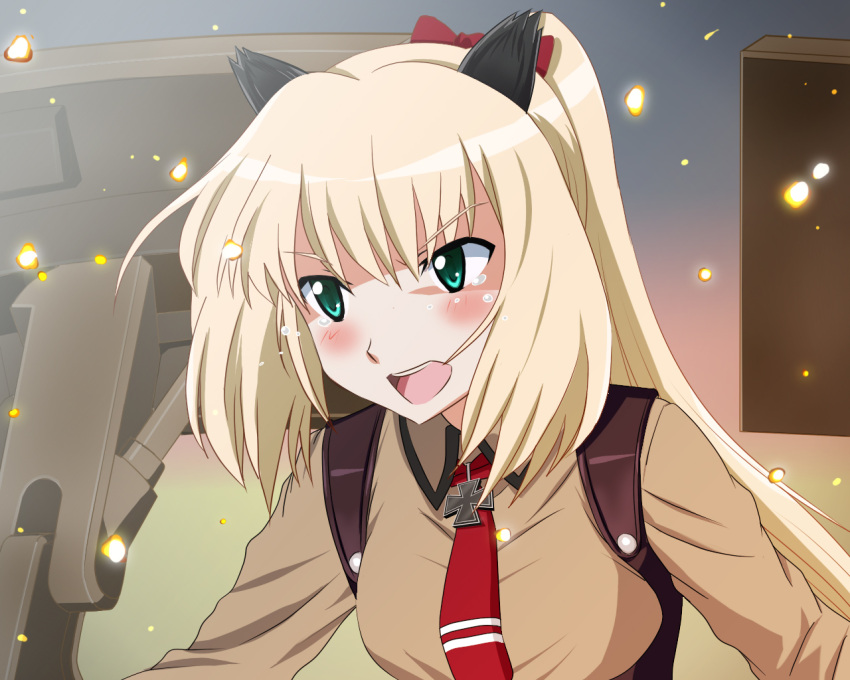 animal_ears, blonde_hair, bow, charlotte_(strike_witches), crying, green_eyes, hair_bow, iron_cross