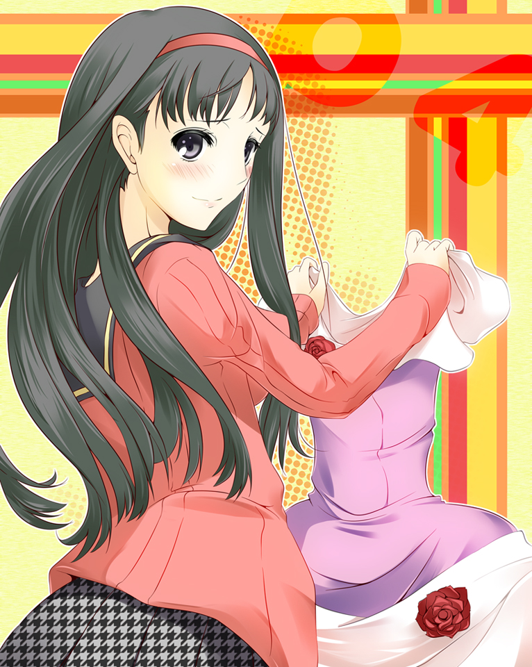 1girl, amagi_yukiko, blush, cardigan, dress, flower, from_behind, grey_eyes, hairband, long_hair, persona, persona_4, rose, school_uniform, skirt, smile, solo, tamo_(tamokuteki_kuukan)