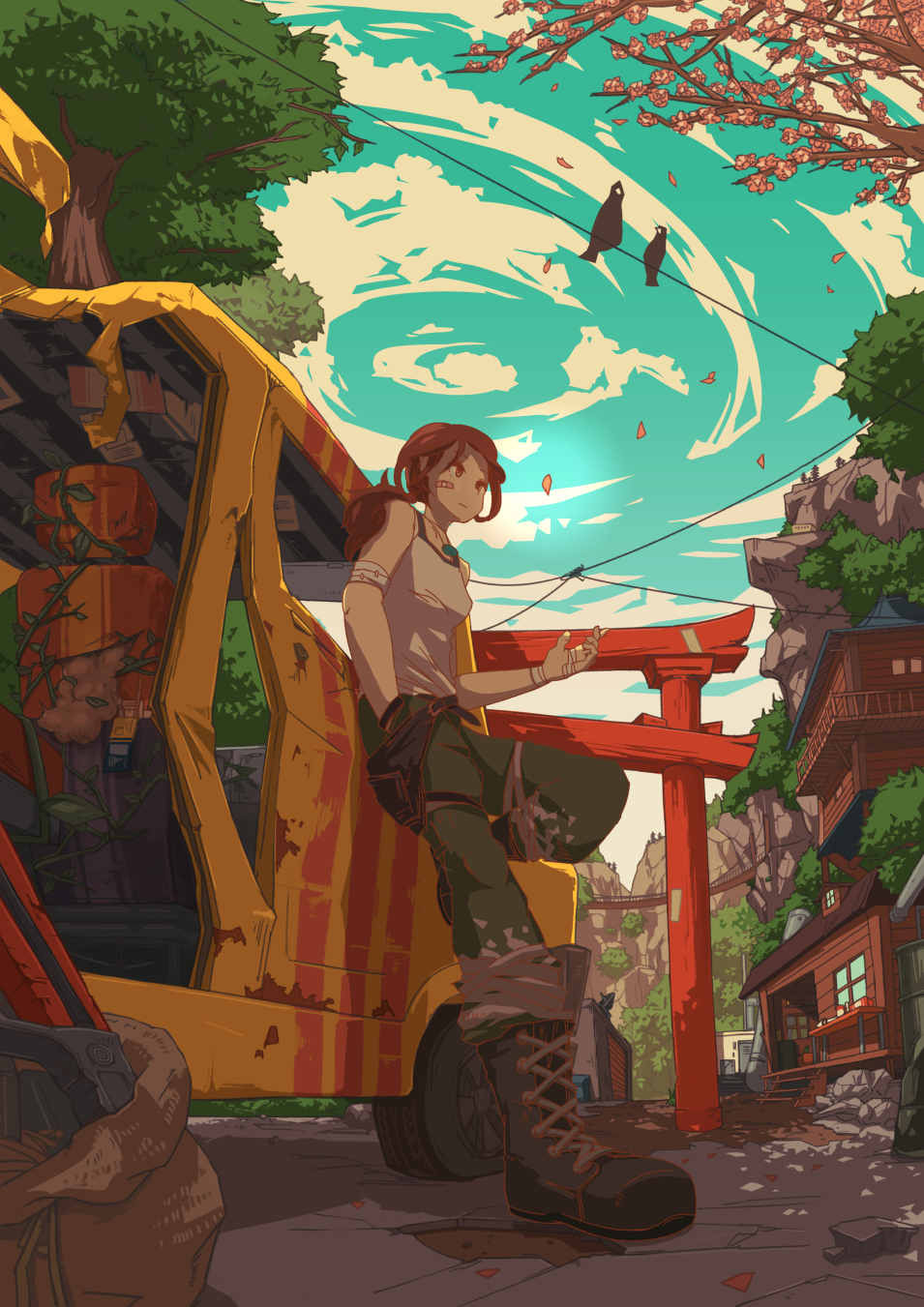 1girl, bandages, bandaid, bird, boots, bridge, brown_hair, car, cherry_blossoms, cliff, expressionless, foreshortening, from_ground, garsuke, hand_in_pocket, highres, long_hair, looking_away, motor_vehicle, overgrown, pants, petals, ponytail, sky, solo, torii, tree, vehicle
