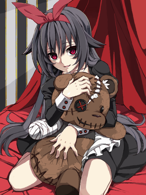 1girl, bandages, bed, black_dress, black_hair, dress, eyepatch, hairband
