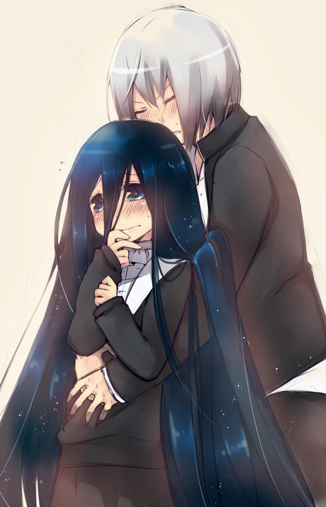 1boy, 1girl, absurdly_long_hair, black_hair, blue_eyes, dansai_bunri_no_crime_edge, haimura_kiri, hair_between_eyes