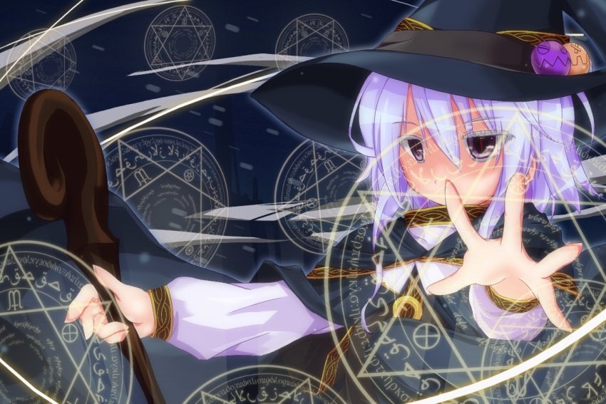 blue_hair, hands_out, hat, magic_circle, maoyuu_maou_yuusha, onna_mahoutsukai_(maoyuu), red_eyes, staff