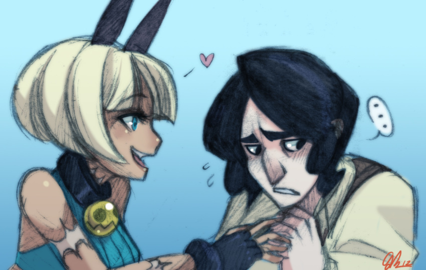 ..., 1boy, 1girl, animal_ears, artist_request, bell, black_hair, blue_eyes