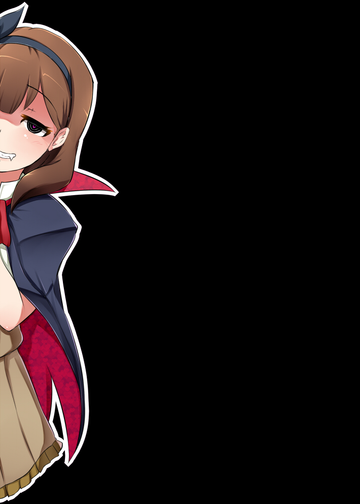 1girl, blue_eyes, blush, brown_hair, cape, crazy_eyes, fang, grin