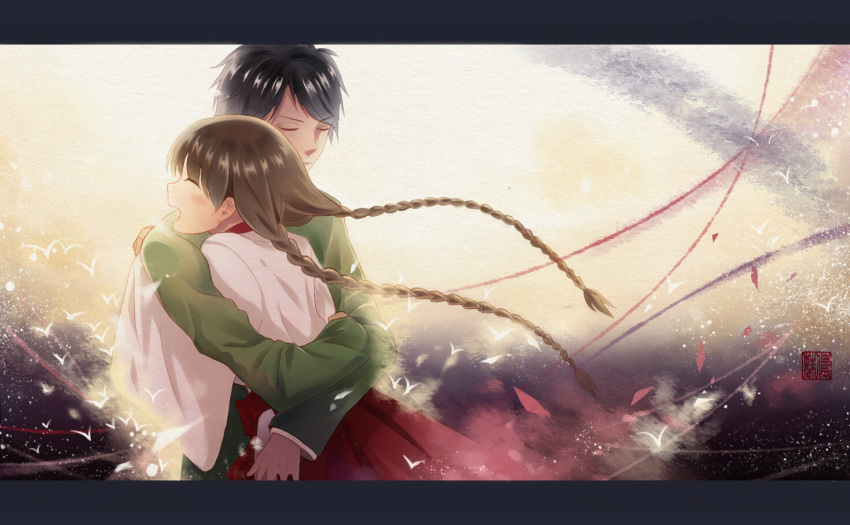 1boy, 1girl, black_hair, braid, brown_hair, closed_eyes, couple, happy