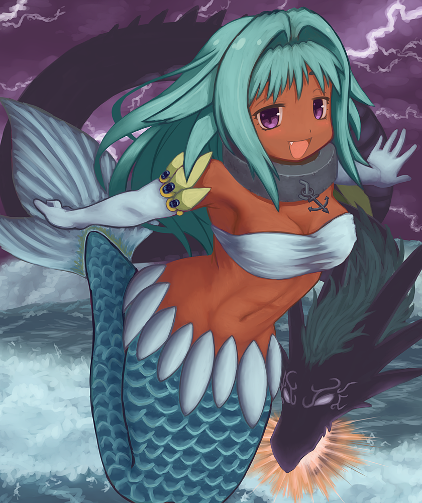 anchor, breasts, dark_skin, fang, fish_tail, gloves, green_hair, jewelry, large_breasts, levia-san, leviathan, lightning, mawaru_(mawaru), mermaid, monster, monster_girl, namiuchigiwa_no_muromi-san, necklace, scales, violet_eyes