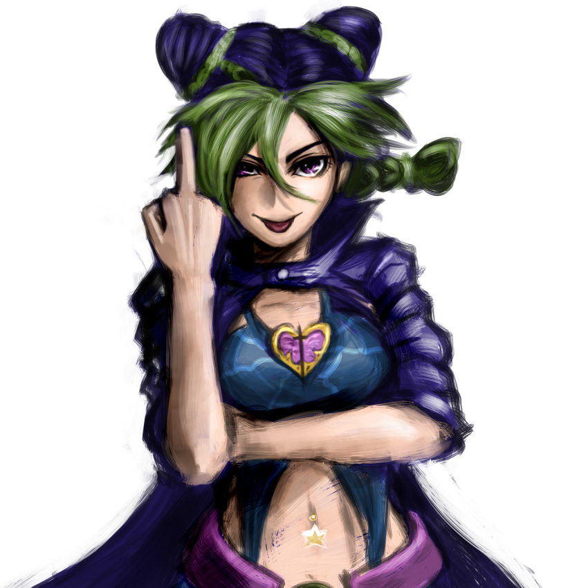 1girl, :p, black_hair, ceramic_man, double_bun, green_hair, highres, jojo_no_kimyou_na_bouken