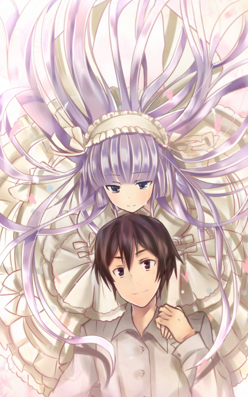 1boy, 1girl, adult, brown_hair, dress, floating_hair, gosick, gown