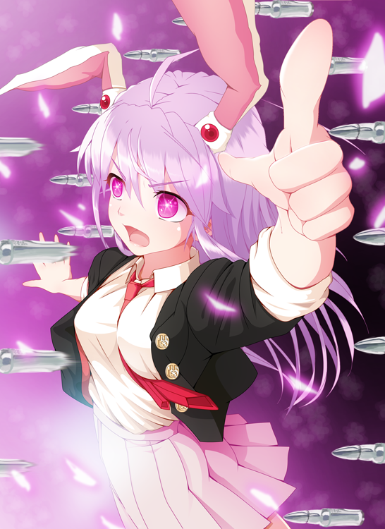 1girl, ahoge, animal_ears, blazer, bullet, danmaku, long_hair, necktie