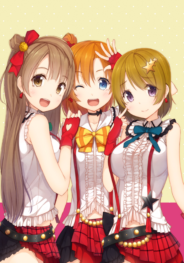 3girls, :d, ;d, arm_up, belt, blue_eyes, bowtie, brown_eyes