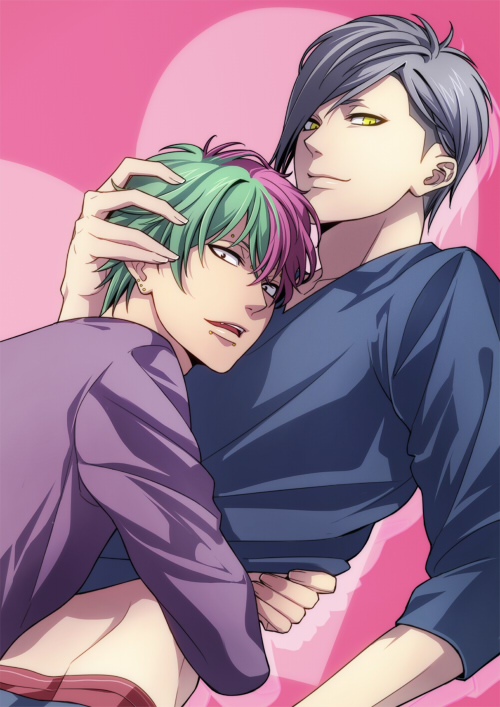 2boys, earrings, green_hair, hug, jewelry, mocchiri_oyaji, multi-colored_hair, multiple_boys, open_mouth, original, piercing, purple_hair, short_hair, silver_hair, smile, yaoi, yellow_eyes