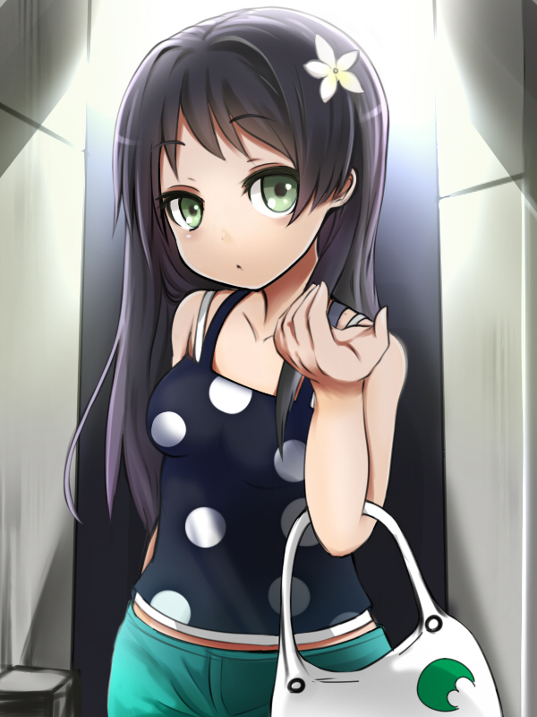 1girl, bag, black_hair, casual, flower, ginji74, green_eyes, hair_flower