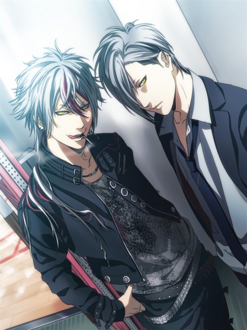 2boys, cigarette, jacket, jewelry, licking_lips, mocchiri_oyaji, multicolored_hair, multiple_boys