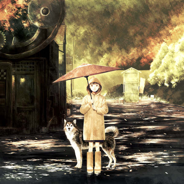 gears, husky, kusanagi_koyori, oriental_umbrella, original, petals, raincoat, solo