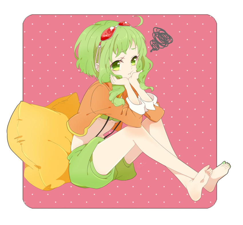 1girl, :t, chin_rest, feet, gagtoy, goggles, goggles_on_head, green_eyes, green_hair, gumi, highres, pillow, pout, short_hair, sitting, toenail_polish, vocaloid