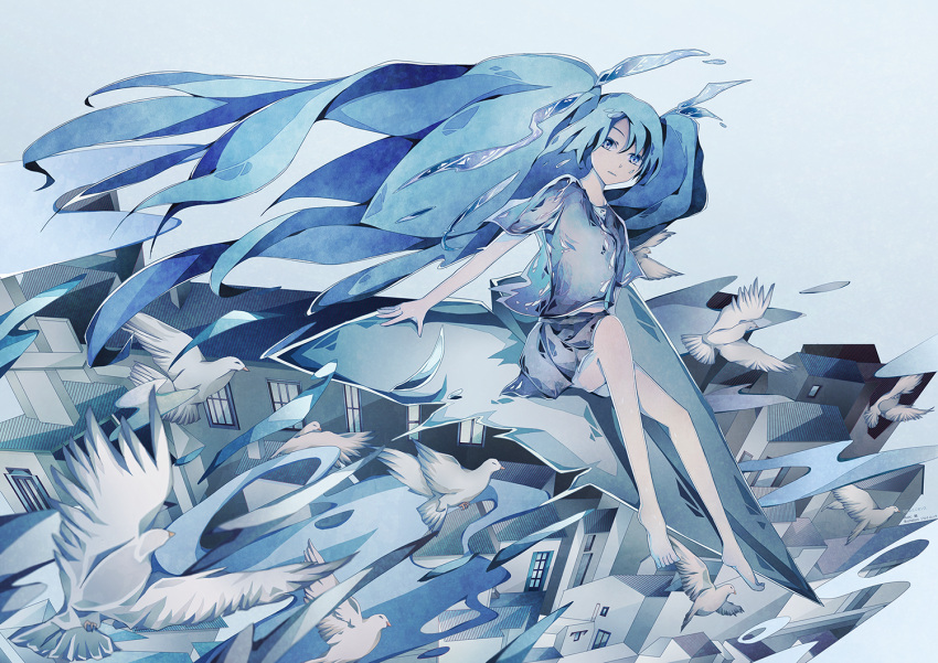 1girl, bird, hatsune_miku, long_hair, sitting, skirt, solo, very_long_hair, vocaloid, zoltruke