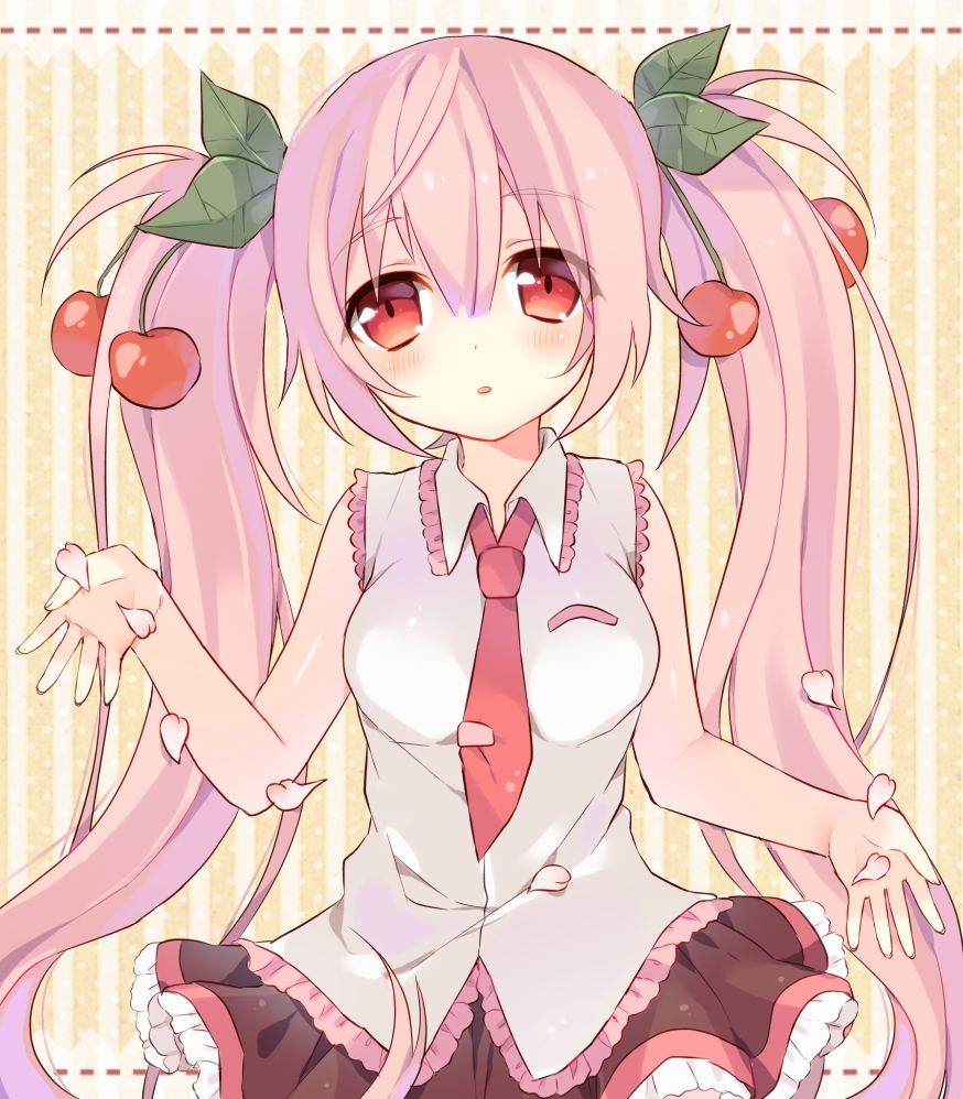 1girl, blush, cherry, food, fruit, hatsune_miku, long_hair, necktie