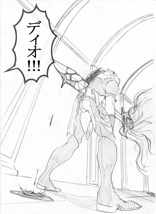 blood, bruford, cutting, dio_brando, graphite_(medium), jojo_no_kimyou_na_bouken, long_hair, monochrome