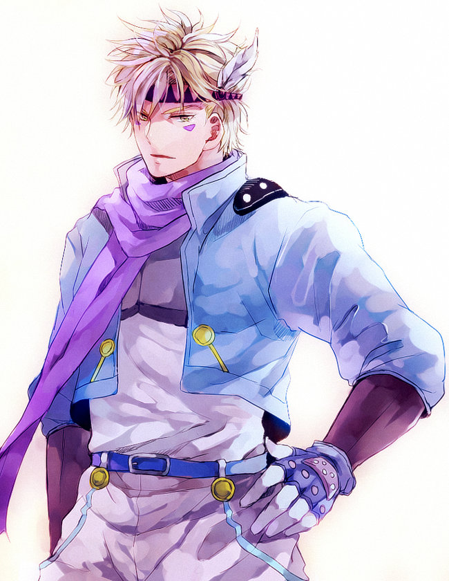 1boy, blonde_hair, blue_jacket, caesar_anthonio_zeppeli, facial_mark, fingerless_gloves, gloves, green_eyes