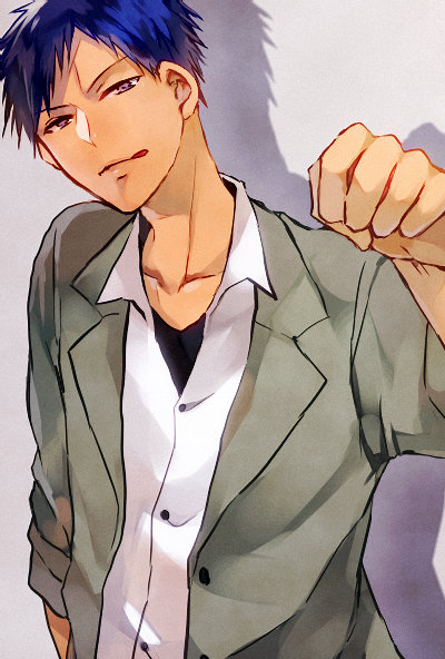 1boy, aomine_daiki, blue_eyes, blue_hair, dark_skin, kuroko_no_basuke, nesuke, solo