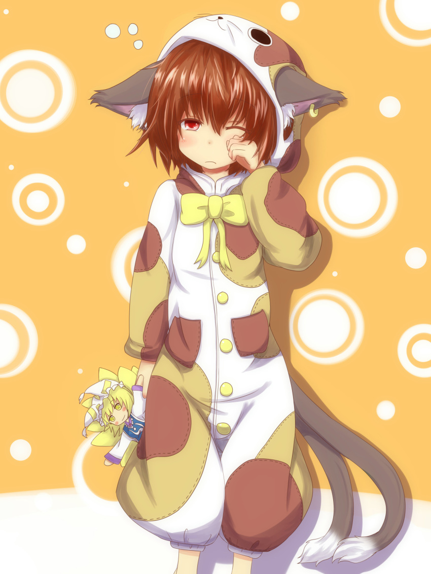 absurdres, animal_costume, character_doll, chen, highres, korai, pajamas, rubbing_eyes, sleepy, solo, touhou, yakumo_ran