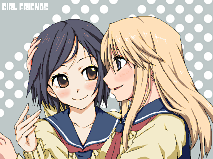 2girls, bad_id, black_hair, blonde_hair, blue_eyes, blush, brown_eyes, cardigan