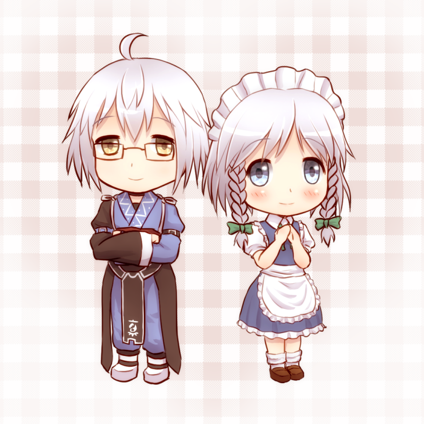 1boy, 1girl, ahoge, blue_eyes, blush, bow, braid, chibi, couple, crossed_arms, flertis, glasses, hair_bow, izayoi_sakuya, maid, maid_headdress, morichika_rinnosuke, short_hair, silver_hair, smile, touhou, twin_braids, white_hair, yellow_eyes