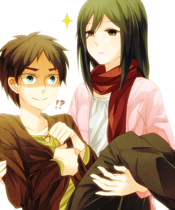 !?, 1boy, 1girl, brown_eyes, brown_hair, carrying, eren_jaeger, green_eyes