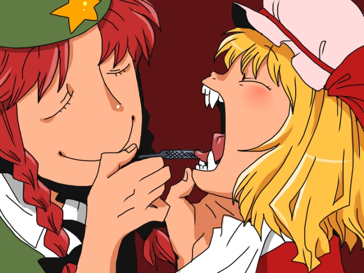 2girls, blonde_hair, braid, closed_eyes, fang, flandre_scarlet, hat, hong_meiling