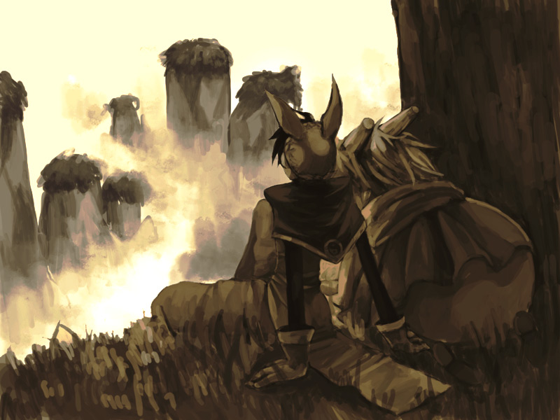 cape, gloves, hat, horn, houshin_engi, male, mountain, scenery