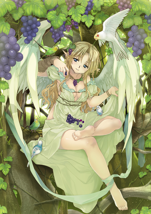 1girl, barefoot, bird, blonde_hair, blue_eyes, branch, breasts, cleavage