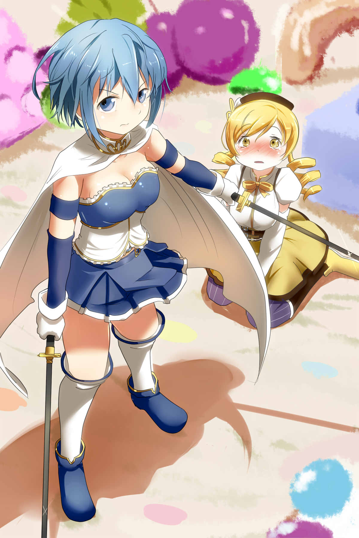 2girls, ace_(hyper_otintin_time), blonde_hair, blue_eyes, blue_hair, blush, boots, breasts