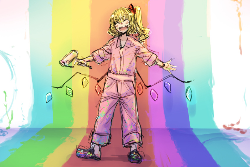1girl, alternate_costume, bakuya, blonde_hair, closed_eyes, flandre_scarlet, long_hair, open_mouth