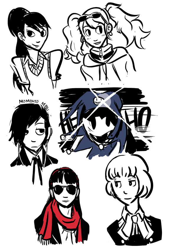 amagi_yukiko, arisato_minato, aviator_glasses, hair_over_one_eye, hairband, headphones, hood, iwasaki_rio