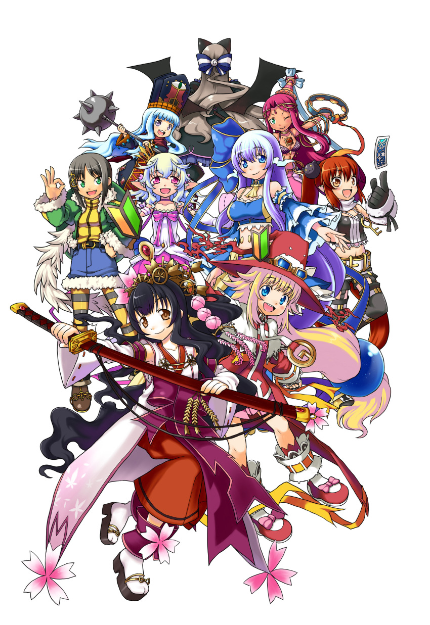 6+girls, :d, absurdres, animal_ears, aqua_seep_seal, belly_dancer, black_hair, blonde_hair