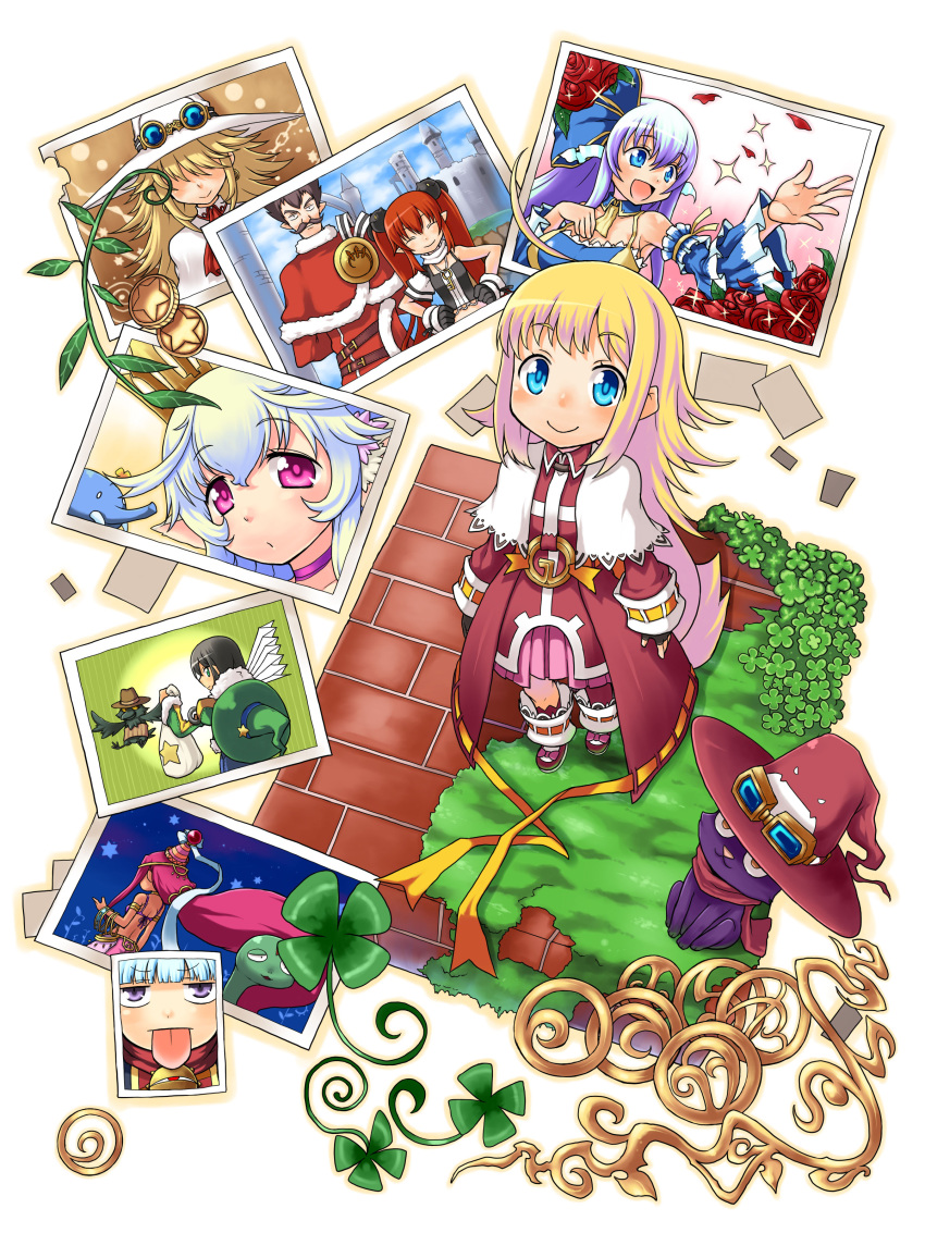 1boy, 6+girls, :3, :p, absurdres, animal_ears, aqua_seep_seal, arlia_patowle, bare_shoulders, belly_dancer, bird, black_hair, blonde_hair, blue_eyes, blue_hair, breasts, brown_eyes, cat, cat_ears, conon_mildazzah_krakow, crow, crown, cynfi_porat, dark_skin, detach_sleeves, elephant, facial_hair, fairy, fan, father_and_daughter, fingerless_gloves, flower, from_behind, gloves, goggles, hat, highres, kanatarou, looking_at_viewer, looking_up, louis_leondyke, mother_and_daughter, multiple_girls, mustache, night, official_art, paper_fan, photo_(object), pointy_ears, ponta_(trouble_witches), pril_patowle, raya_arcturus, red_rose, rose, sasha_(trouble_witches), scarf, smile, sowah_longate, sparkle, tongue, toras, trouble_witches, trouble_witches_ac, trouble_witches_neo, turtle, violet_eyes, white_hair