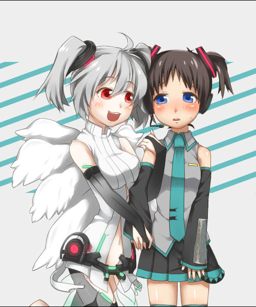 2girls, blue_eyes, blush, brown_hair, cosplay, elbow_gloves, genderswap, gloves
