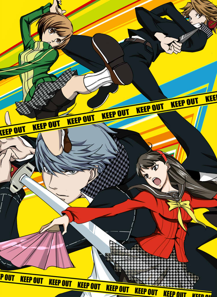 2boys, 2girls, amagi_yukiko, bike_shorts, black_hair, brown_hair, caution_tape, dual_wielding