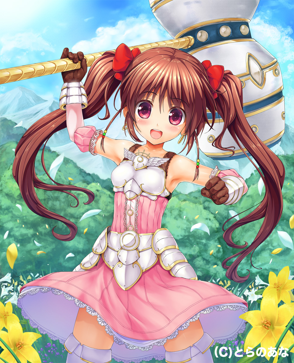 bare_shoulders, boots, bow, breastplate, brown_hair, dress, elbow_gloves, endou_hiroto