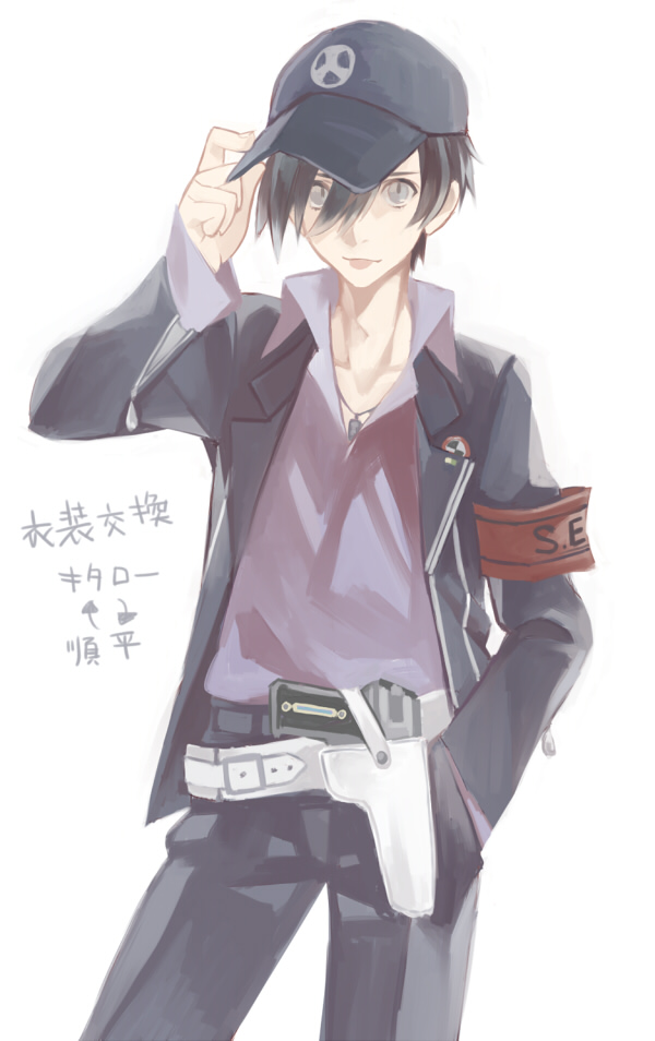 arisato_minato, armband, blue_eyes, blue_hair, evoker, gun, hat, iori_junpei