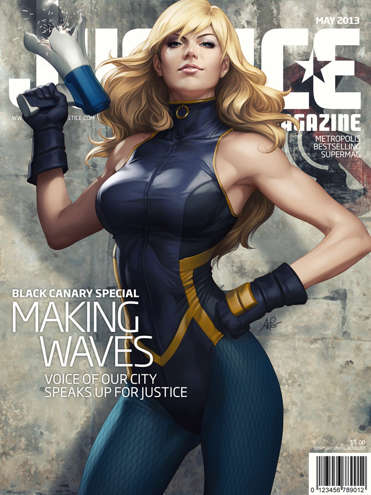 1girl, barcode, black_canary, blonde_hair, blue_eyes, breasts, cover, dc_comics