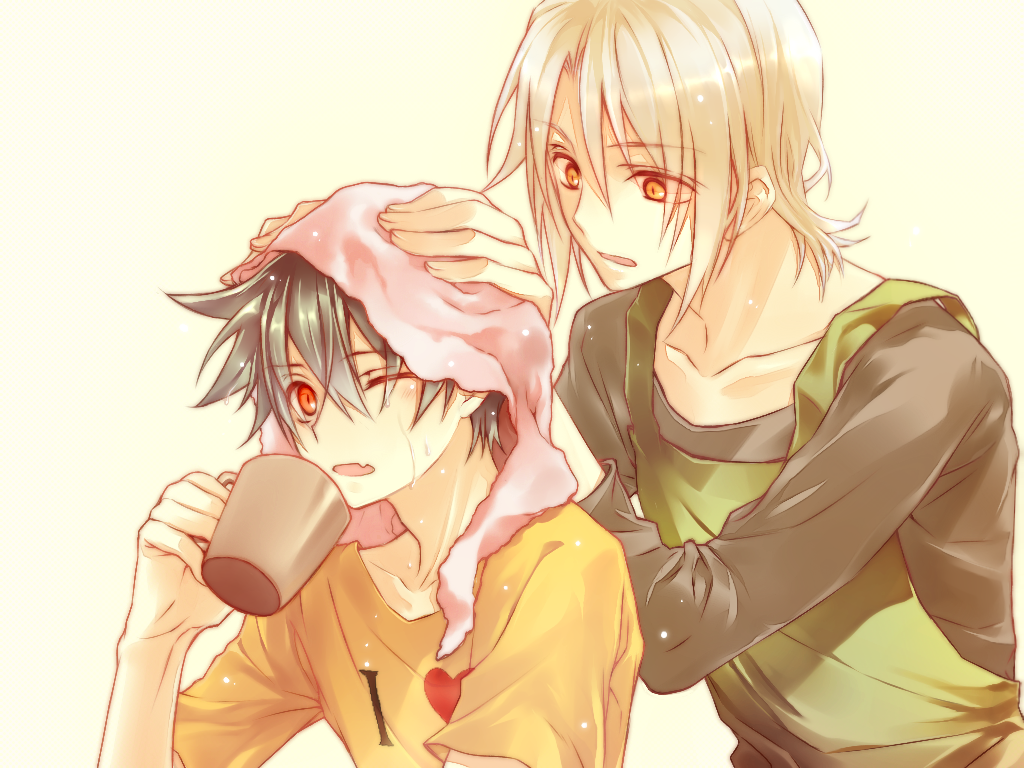 2boys, ashiya_shirou, black_hair, blonde_hair, cup, hataraku_maou-sama!, maou_sadao, mug