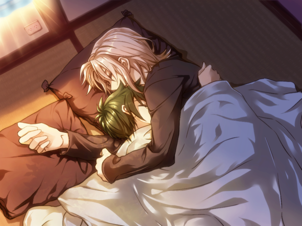 2boys, ashiya_shirou, blanket, closed_eyes, hataraku_maou-sama!, hug, maou_sadao, multiple_boys