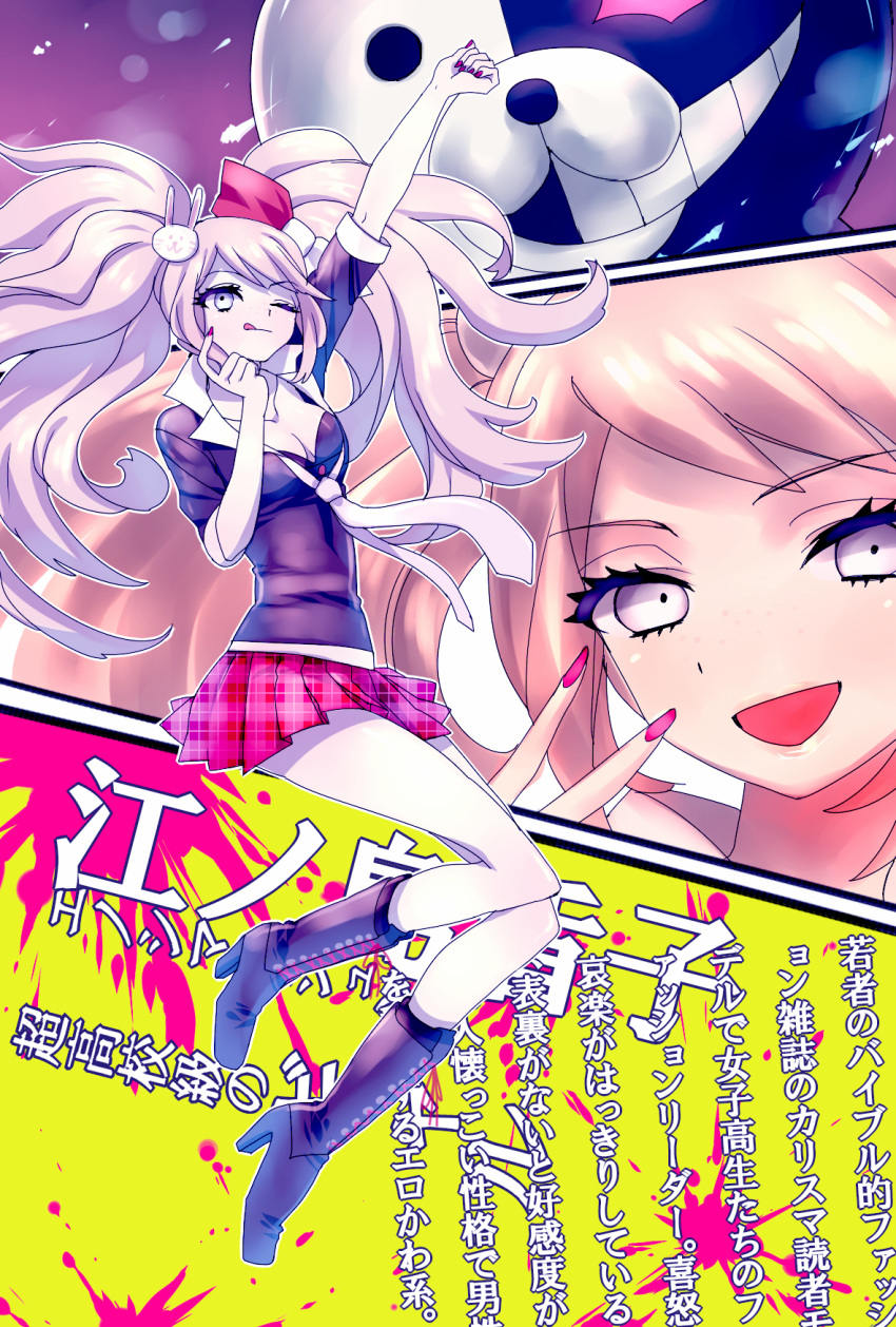 1girl, blood, blue_eyes, bow, dangan_ronpa, enoshima_junko, hair_bow, hair_ornament
