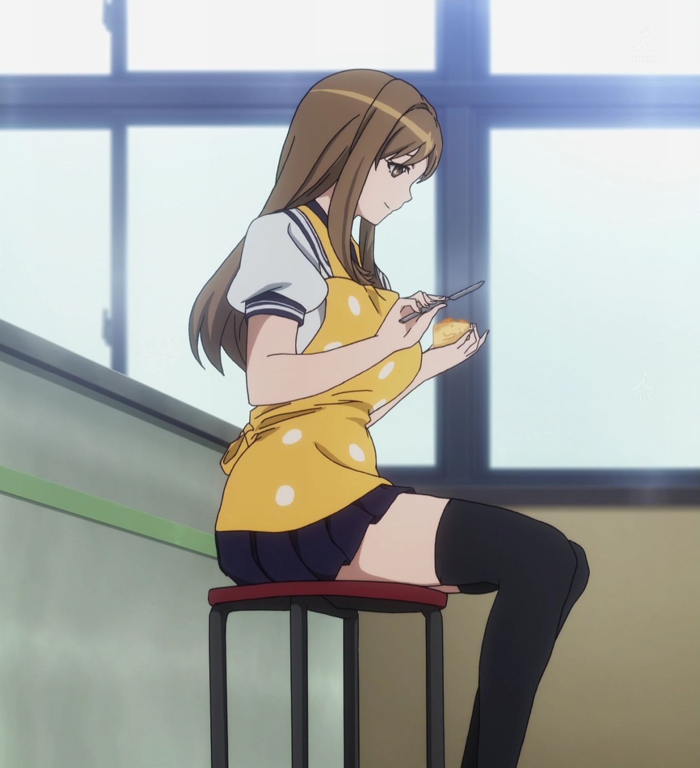 apron, brown_eyes, brown_hair, butter_knife, cake, chair, food, highres