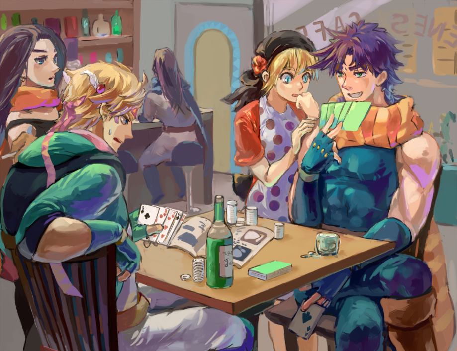 2girls, 3boys, apron, bandana, bar, black_hair, blonde_hair, caesar_anthonio_zeppeli