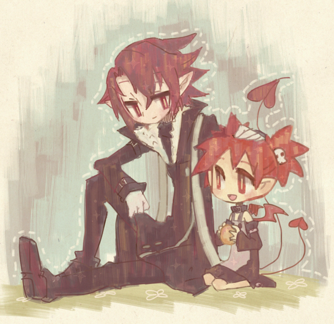 1boy, 1girl, brother_and_sister, choker, demon_tail, demon_wings, disgaea, disgaea_d2, earrings, etna, jewelry, kazamine_(stecca), long_sleeves, open_mouth, pointy_ears, red_eyes, redhead, scarf, short_hair, siblings, skull, tail, twintails, wings, xenolith