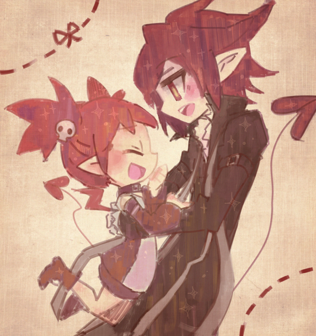 1boy, 1girl, brother_and_sister, choker, demon_tail, demon_wings, disgaea, disgaea_d2