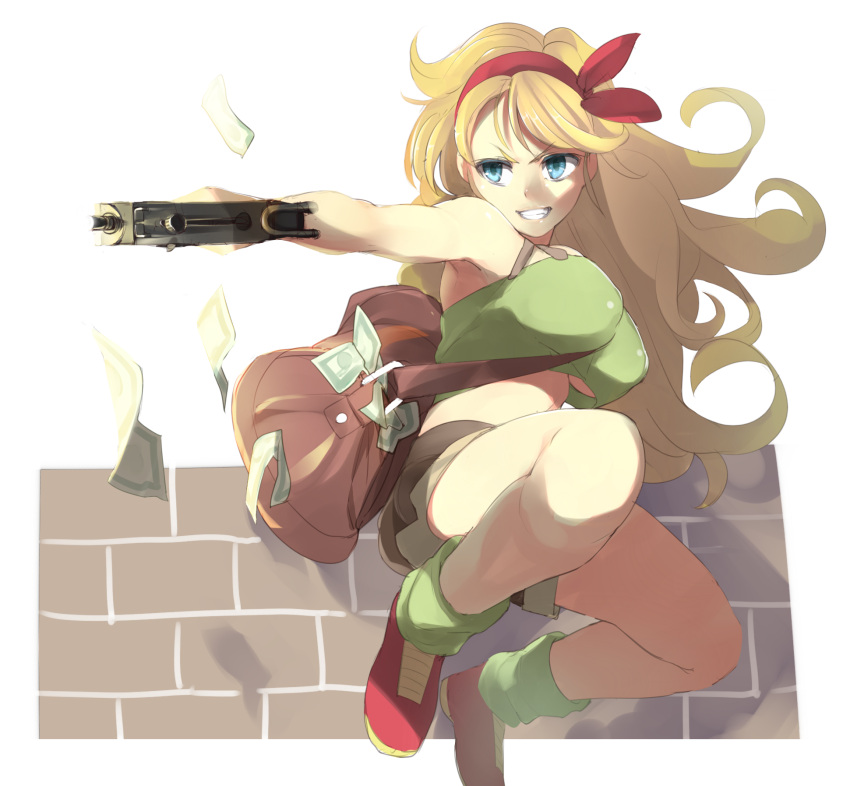 1girl, bag, bare_shoulders, blonde_hair, blue_eyes, bow, breasts, dragon_ball